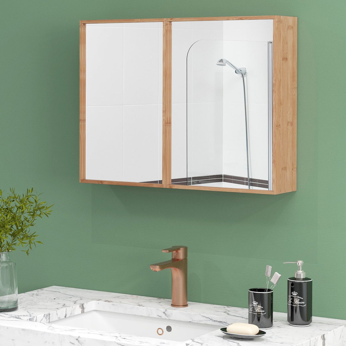 Bathroom Wall Cabinet with Mirror, Double-Door, Bamboo
