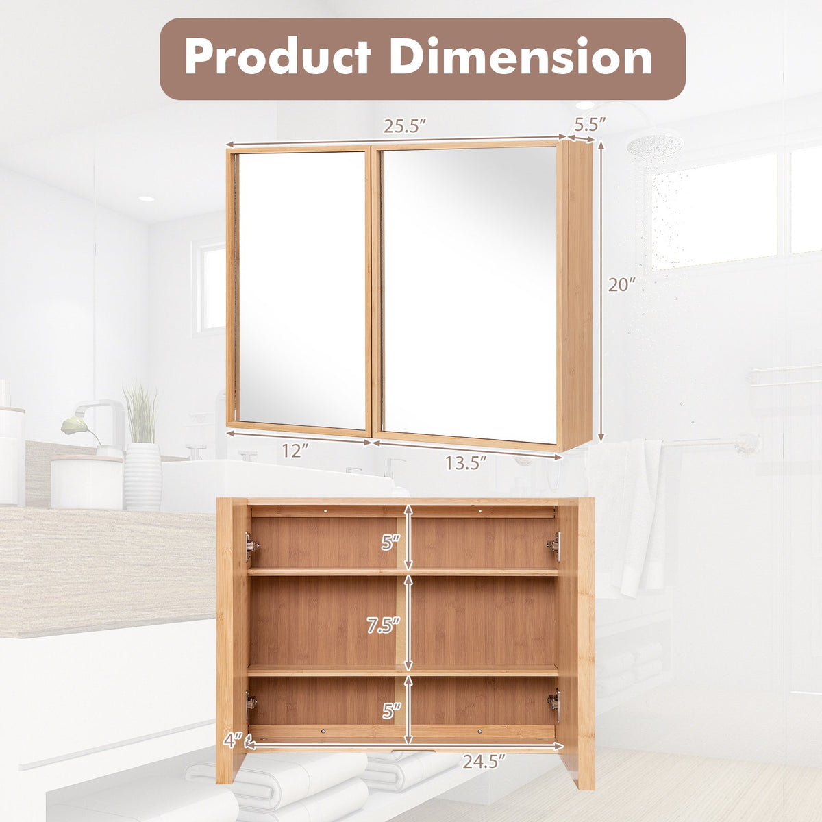 Bathroom Wall Cabinet with Mirror, Double-Door, Bamboo