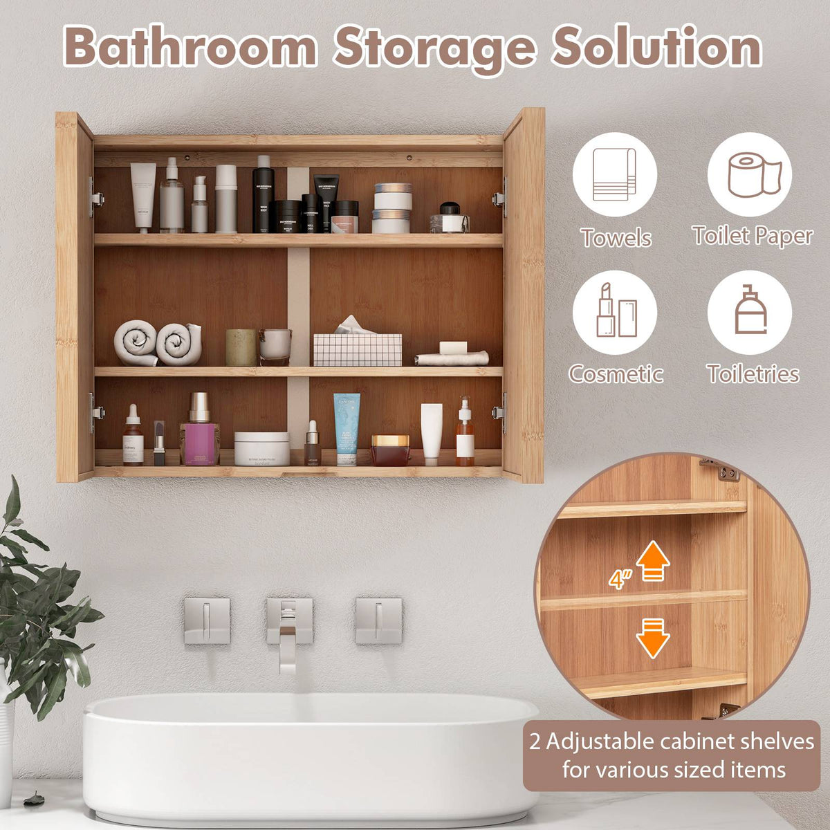 Bathroom Wall Cabinet with Mirror, Double-Door, Bamboo