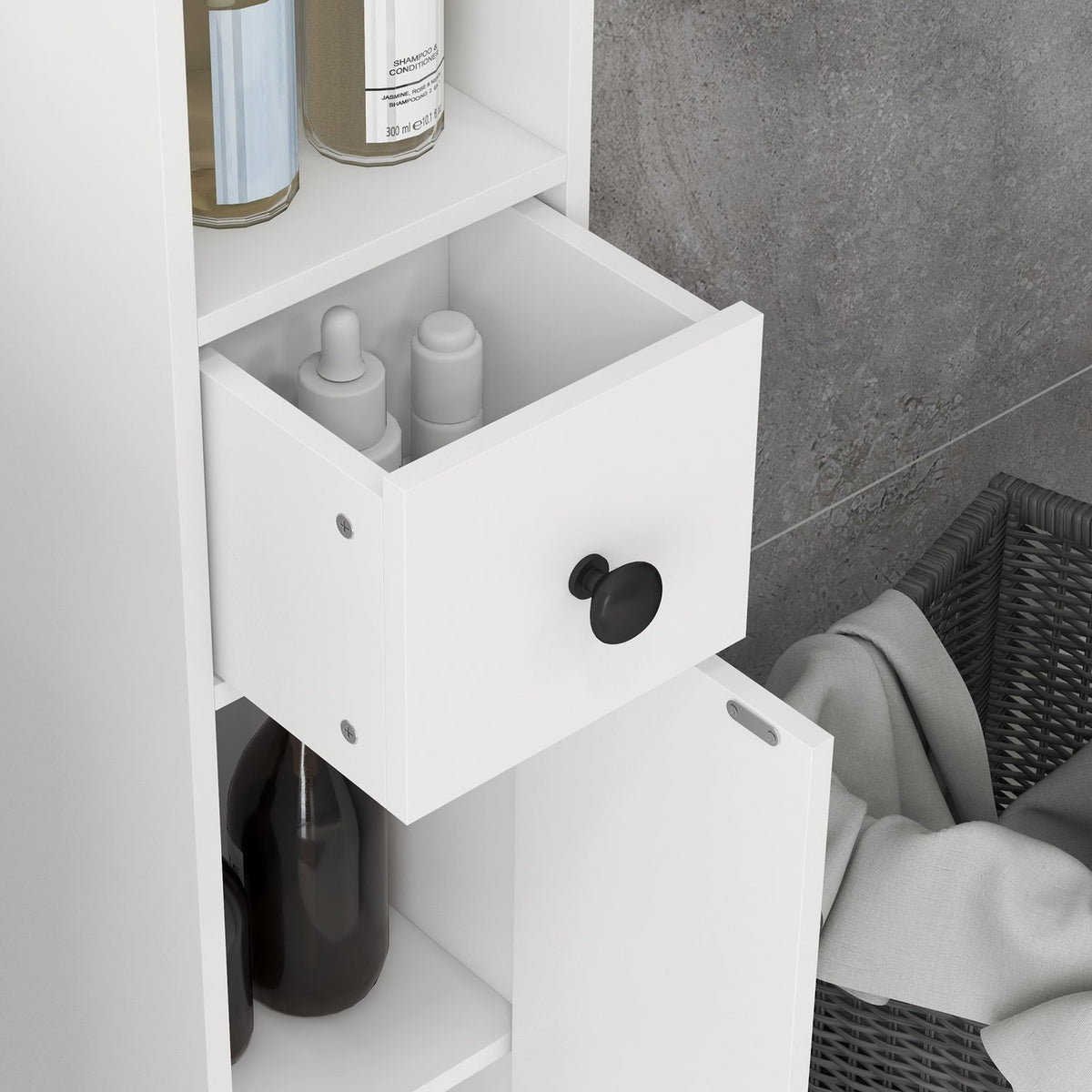 Bathroom cabinet, 4 shelves, drawer, chipboard, slim design, white