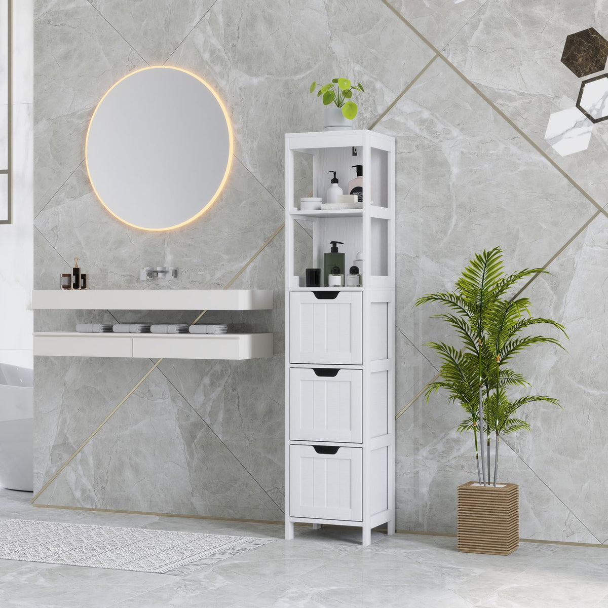 Bathroom cabinet bathroom cabinet, bathroom tall cabinet with 3 drawers, 2 open compartments, storage cabinet for bathroom, living room, white, 30 x 30 x 142.4 cm