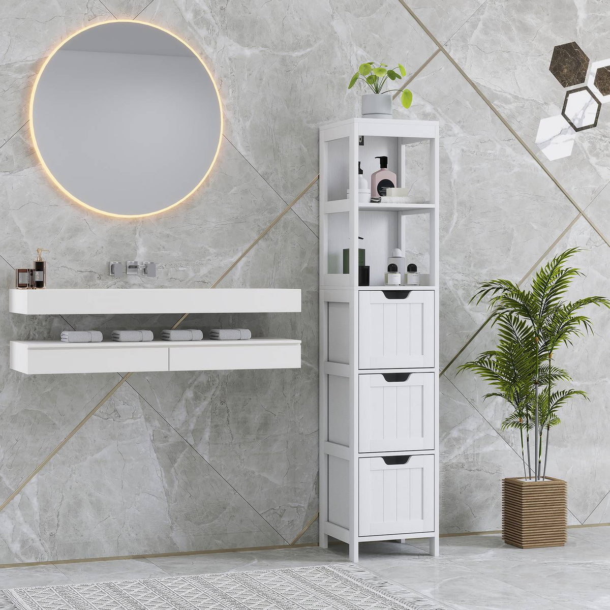 Bathroom cabinet bathroom cabinet, bathroom tall cabinet with 3 drawers, 2 open compartments, storage cabinet for bathroom, living room, white, 30 x 30 x 142.4 cm