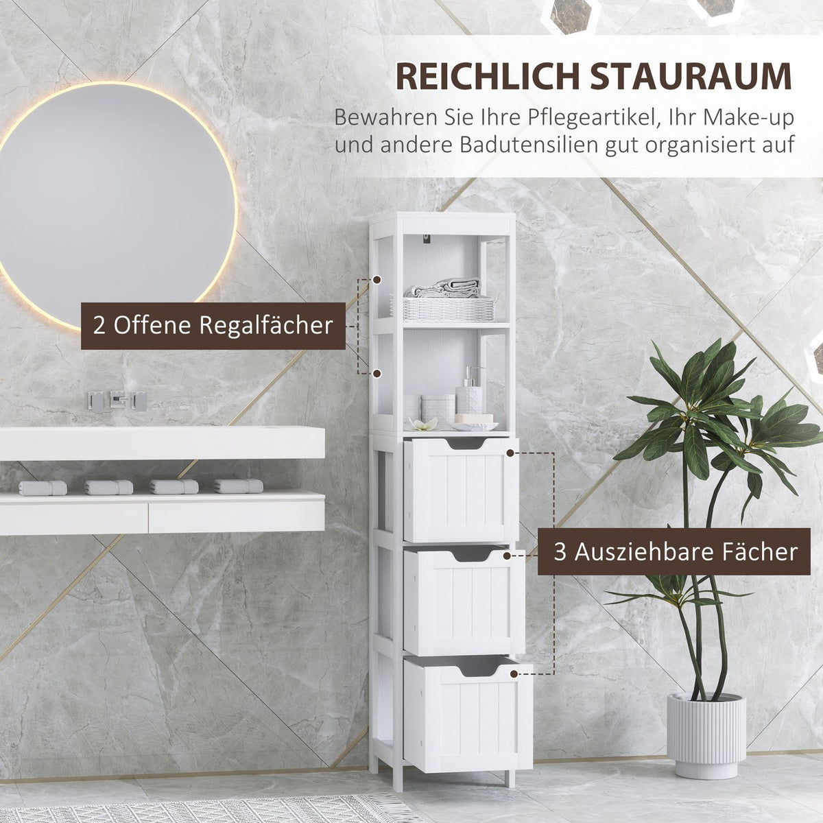 Bathroom cabinet bathroom cabinet, bathroom tall cabinet with 3 drawers, 2 open compartments, storage cabinet for bathroom, living room, white, 30 x 30 x 142.4 cm