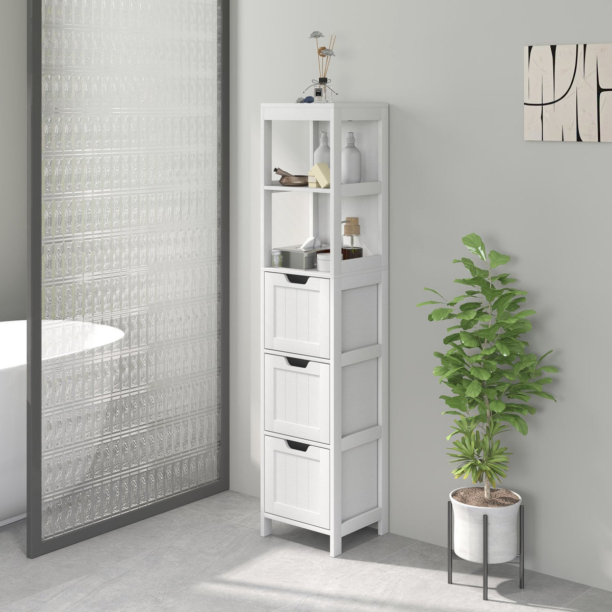 Bathroom cabinet bathroom cabinet, bathroom tall cabinet with 3 drawers, 2 open compartments, storage cabinet for bathroom, living room, white, 30 x 30 x 142.4 cm