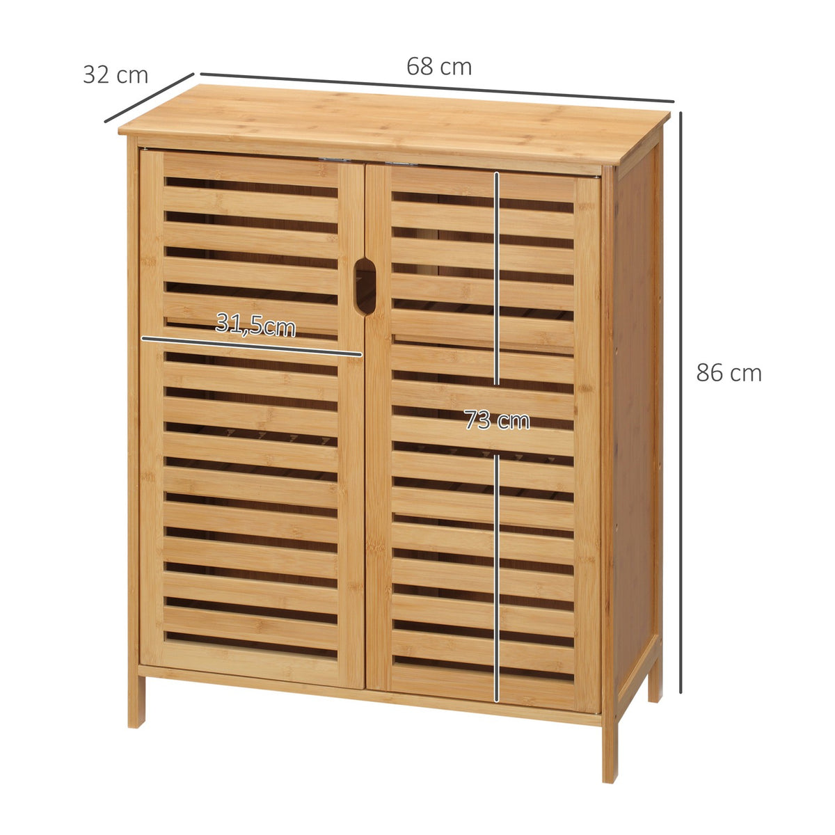 Bathroom cabinet, bathroom cabinet, side cabinet with 2 slatted doors, 2 inner shelves, bamboo storage cabinet for bathroom, living room, 68 x 32 x 86 cm, natural