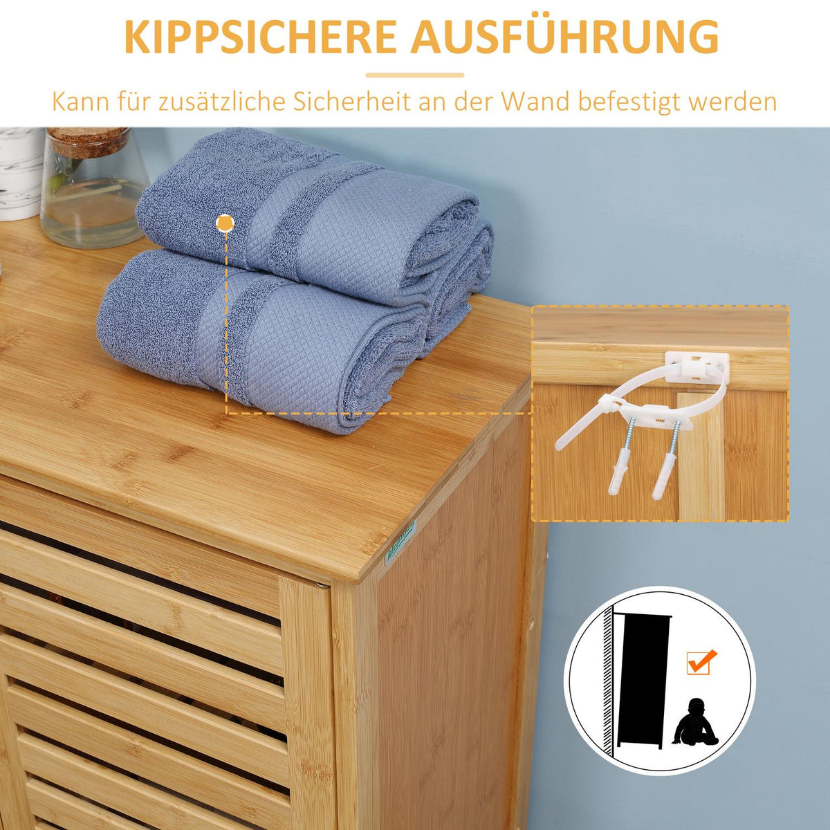 Bathroom cabinet, bathroom cabinet, side cabinet with 2 slatted doors, 2 inner shelves, bamboo storage cabinet for bathroom, living room, 68 x 32 x 86 cm, natural