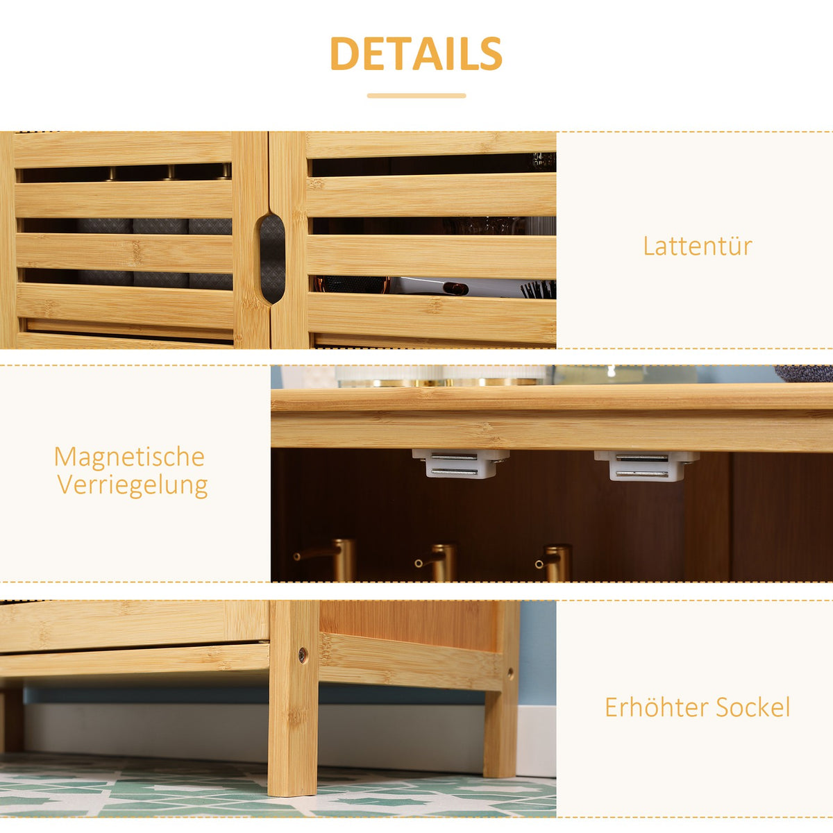 Bathroom cabinet, bathroom cabinet, side cabinet with 2 slatted doors, 2 inner shelves, bamboo storage cabinet for bathroom, living room, 68 x 32 x 86 cm, natural