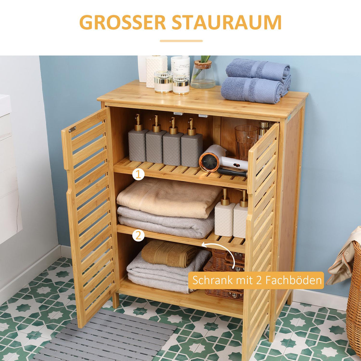Bathroom cabinet, bathroom cabinet, side cabinet with 2 slatted doors, 2 inner shelves, bamboo storage cabinet for bathroom, living room, 68 x 32 x 86 cm, natural