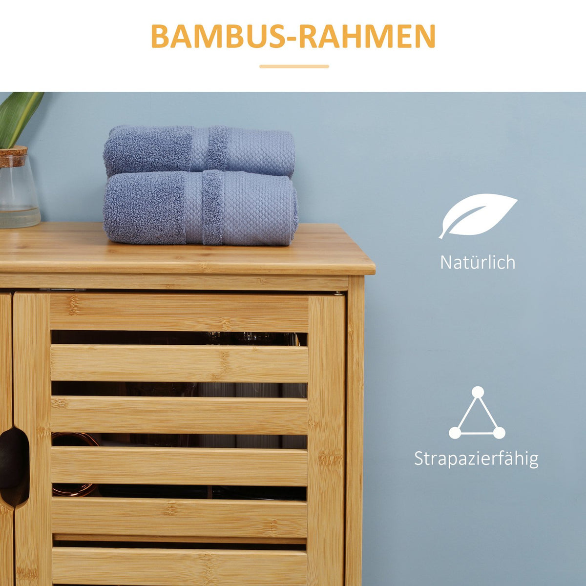 Bathroom cabinet, bathroom cabinet, side cabinet with 2 slatted doors, 2 inner shelves, bamboo storage cabinet for bathroom, living room, 68 x 32 x 86 cm, natural