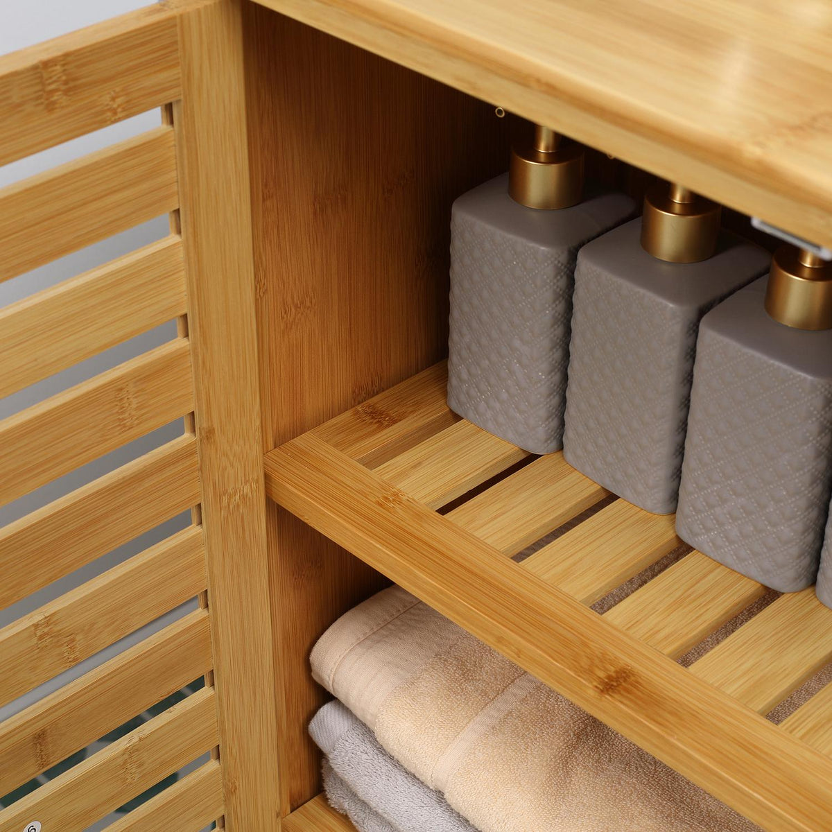 Bathroom cabinet, bathroom cabinet, side cabinet with 2 slatted doors, 2 inner shelves, bamboo storage cabinet for bathroom, living room, 68 x 32 x 86 cm, natural