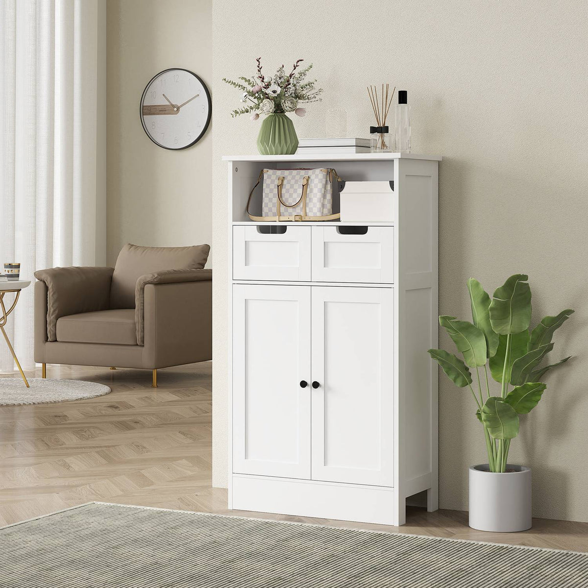 Bathroom cabinet, bathroom cabinet, storage cabinet with adjustable shelf, base cabinet with 2 drawers, door cabinet, for bathroom, living room 60 x 30 x 108.8 cm, white