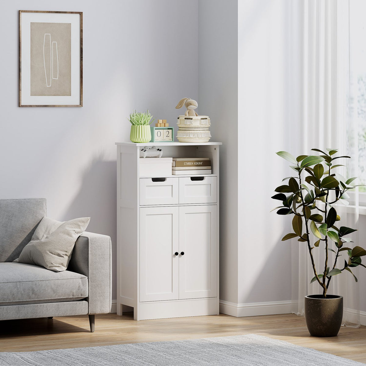 Bathroom cabinet, bathroom cabinet, storage cabinet with adjustable shelf, base cabinet with 2 drawers, door cabinet, for bathroom, living room 60 x 30 x 108.8 cm, white