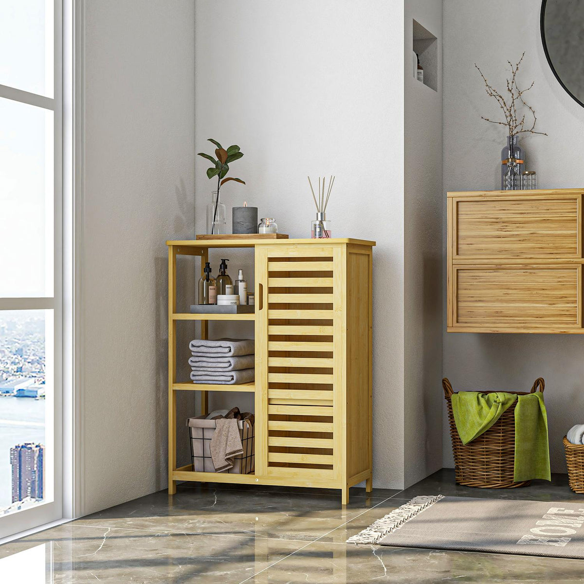 Bathroom cabinet bathroom cabinet with cabinet compartment & 3 open levels, toilet cabinet, tip protection, side cabinet, bamboo, natural