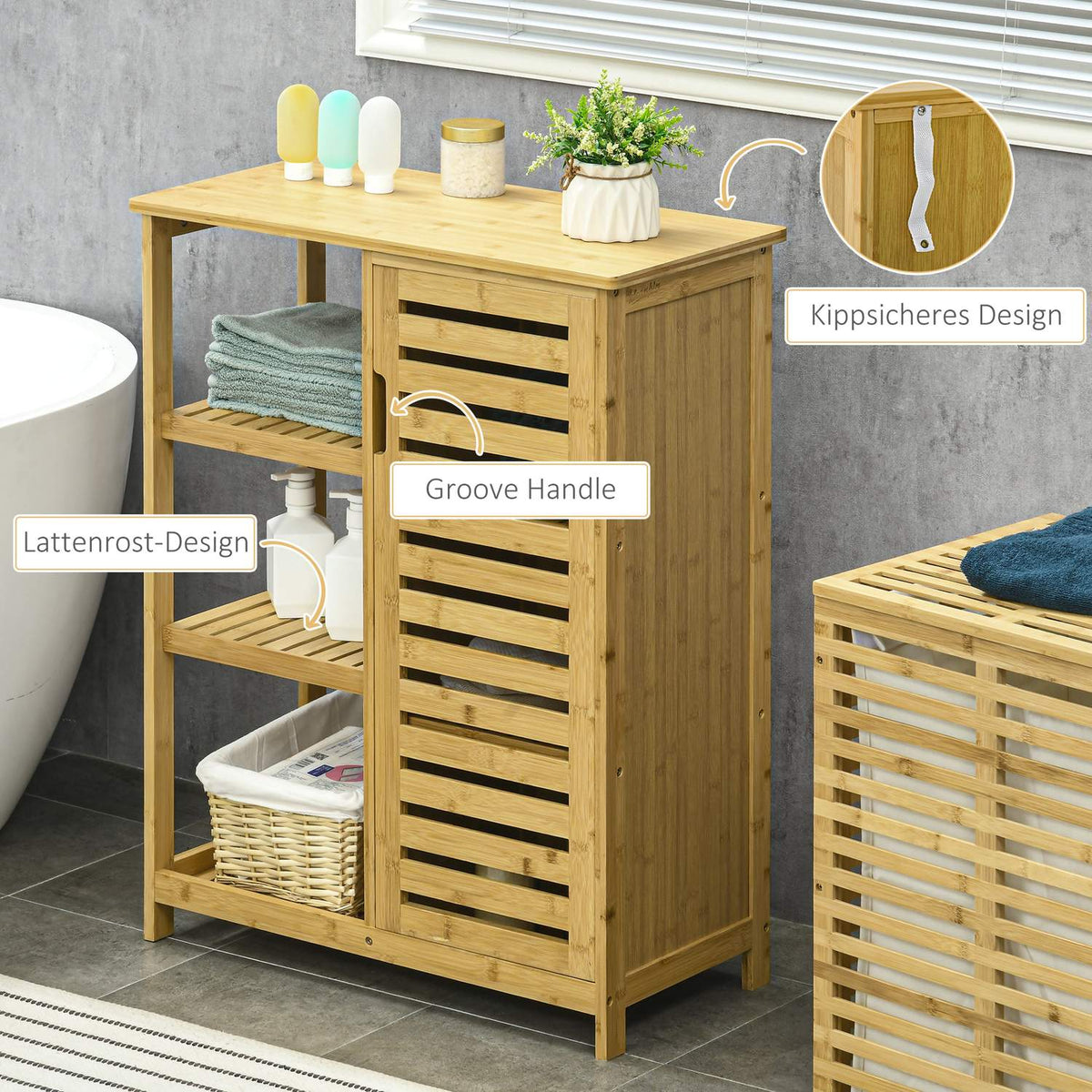 Bathroom cabinet bathroom cabinet with cabinet compartment & 3 open levels, toilet cabinet, tip protection, side cabinet, bamboo, natural