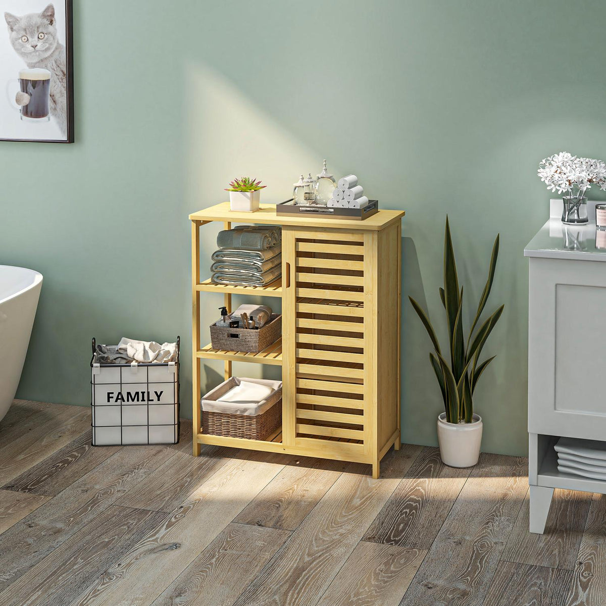 Bathroom cabinet bathroom cabinet with cabinet compartment & 3 open levels, toilet cabinet, tip protection, side cabinet, bamboo, natural