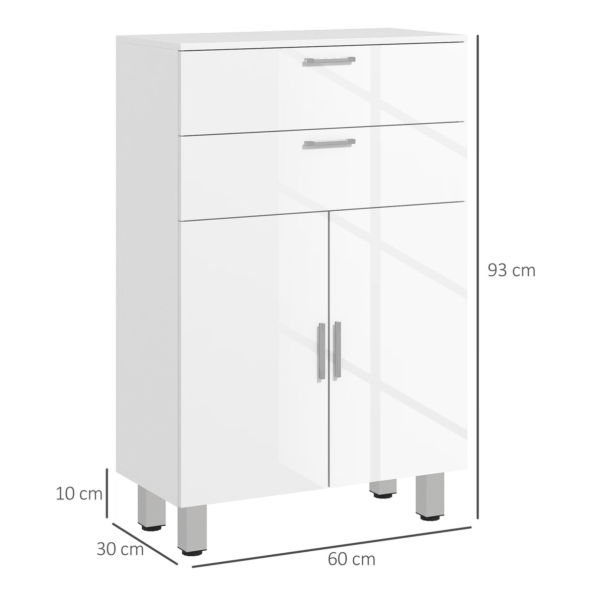 Bathroom cabinet side cabinet with 2 high-gloss white drawers, door, bathroom cabinet with adjustable shelf, storage cabinet for living room 60 x 30 x 93 cm |