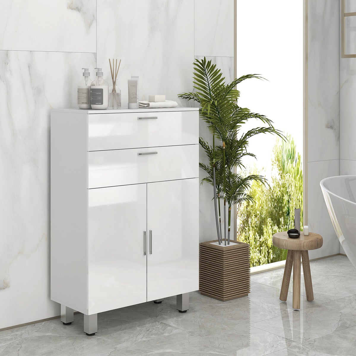 Bathroom cabinet side cabinet with 2 high-gloss white drawers, door, bathroom cabinet with adjustable shelf, storage cabinet for living room 60 x 30 x 93 cm |
