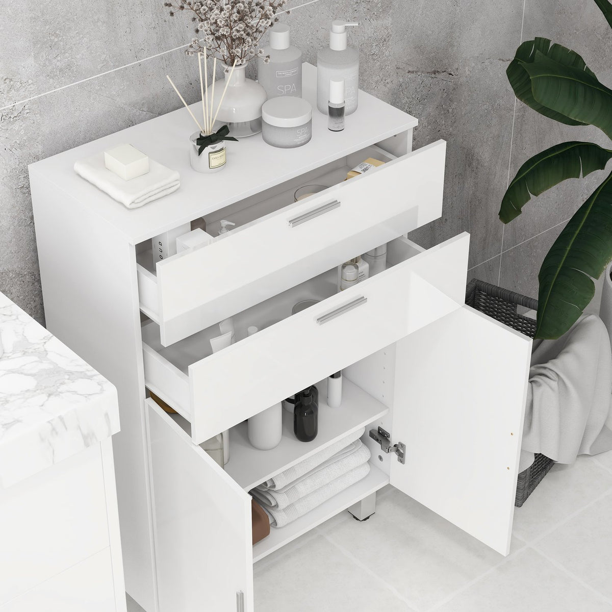 Bathroom cabinet side cabinet with 2 high-gloss white drawers, door, bathroom cabinet with adjustable shelf, storage cabinet for living room 60 x 30 x 93 cm |