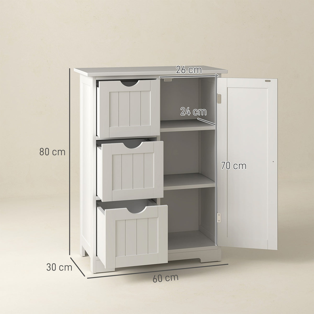 Bathroom cabinet side cabinet with 3 drawers, bathroom cabinet with adjustable shelf, for bathroom, living room 60 x 30 x 80 cm white |