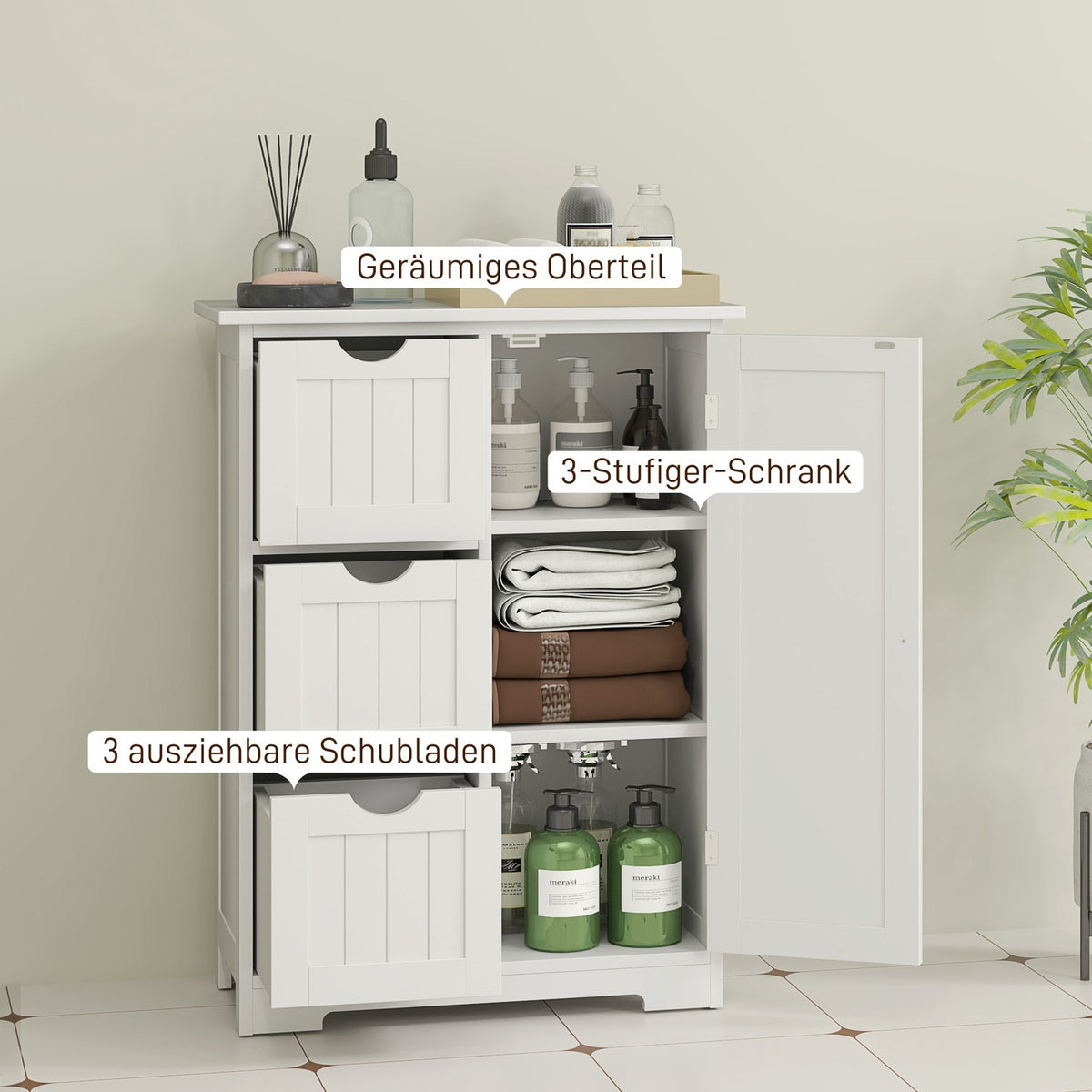 Bathroom cabinet side cabinet with 3 drawers, bathroom cabinet with adjustable shelf, for bathroom, living room 60 x 30 x 80 cm white |