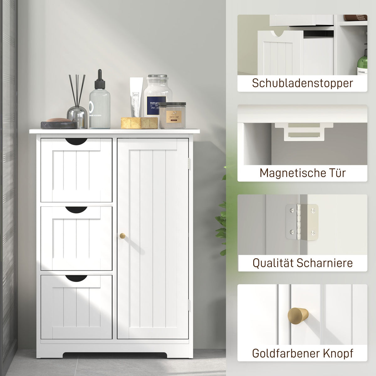 Bathroom cabinet side cabinet with 3 drawers, bathroom cabinet with adjustable shelf, for bathroom, living room 60 x 30 x 80 cm white |