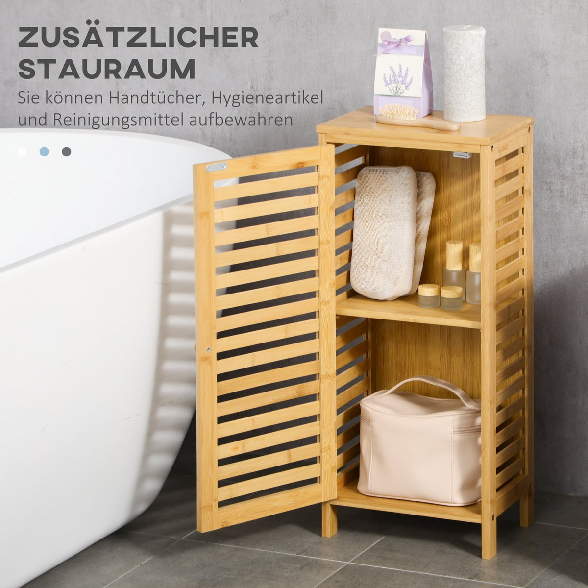Bathroom cabinet side cabinet with slatted door, 2 compartments, storage, natural, 30x19.9x70cm
