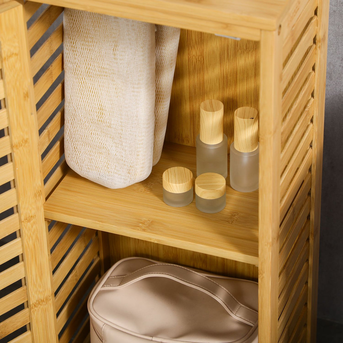 Bathroom cabinet side cabinet with slatted door, 2 compartments, storage, natural, 30x19.9x70cm