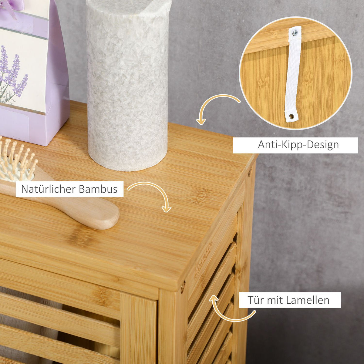 Bathroom cabinet side cabinet with slatted door, 2 compartments, storage, natural, 30x19.9x70cm