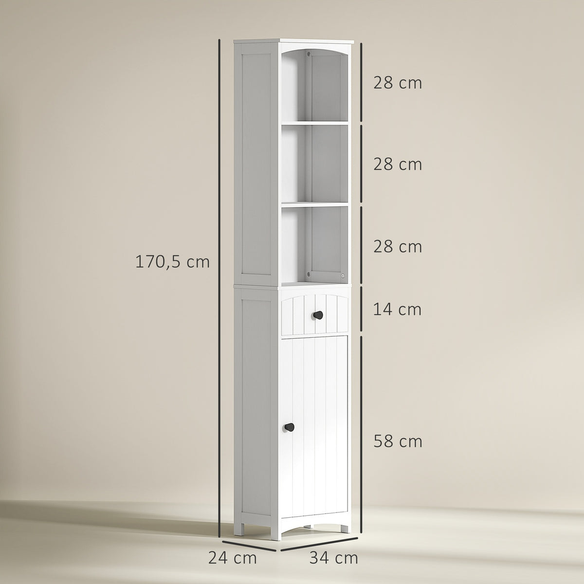Bathroom cabinet, tall cabinet with 3 shelves, 1 drawer, bathroom cabinet, bathroom shelf, bathroom cabinet, bathroom furniture, white, 34x24x170.5cm