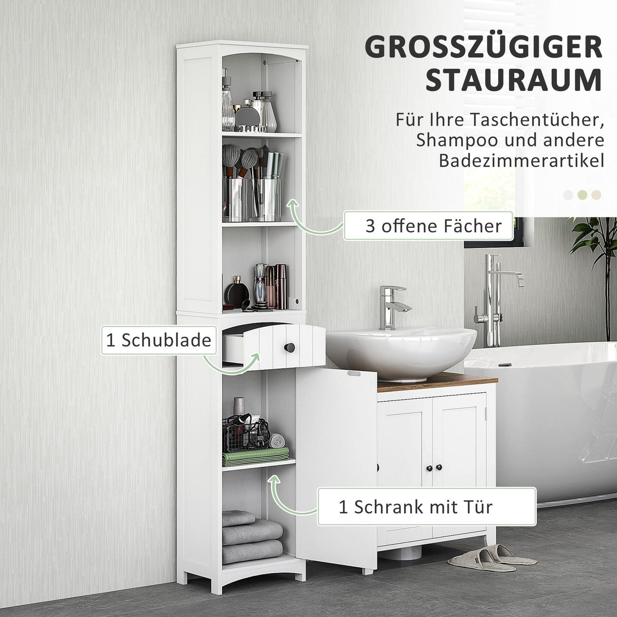 Bathroom cabinet, tall cabinet with 3 shelves, 1 drawer, bathroom cabinet, bathroom shelf, bathroom cabinet, bathroom furniture, white, 34x24x170.5cm