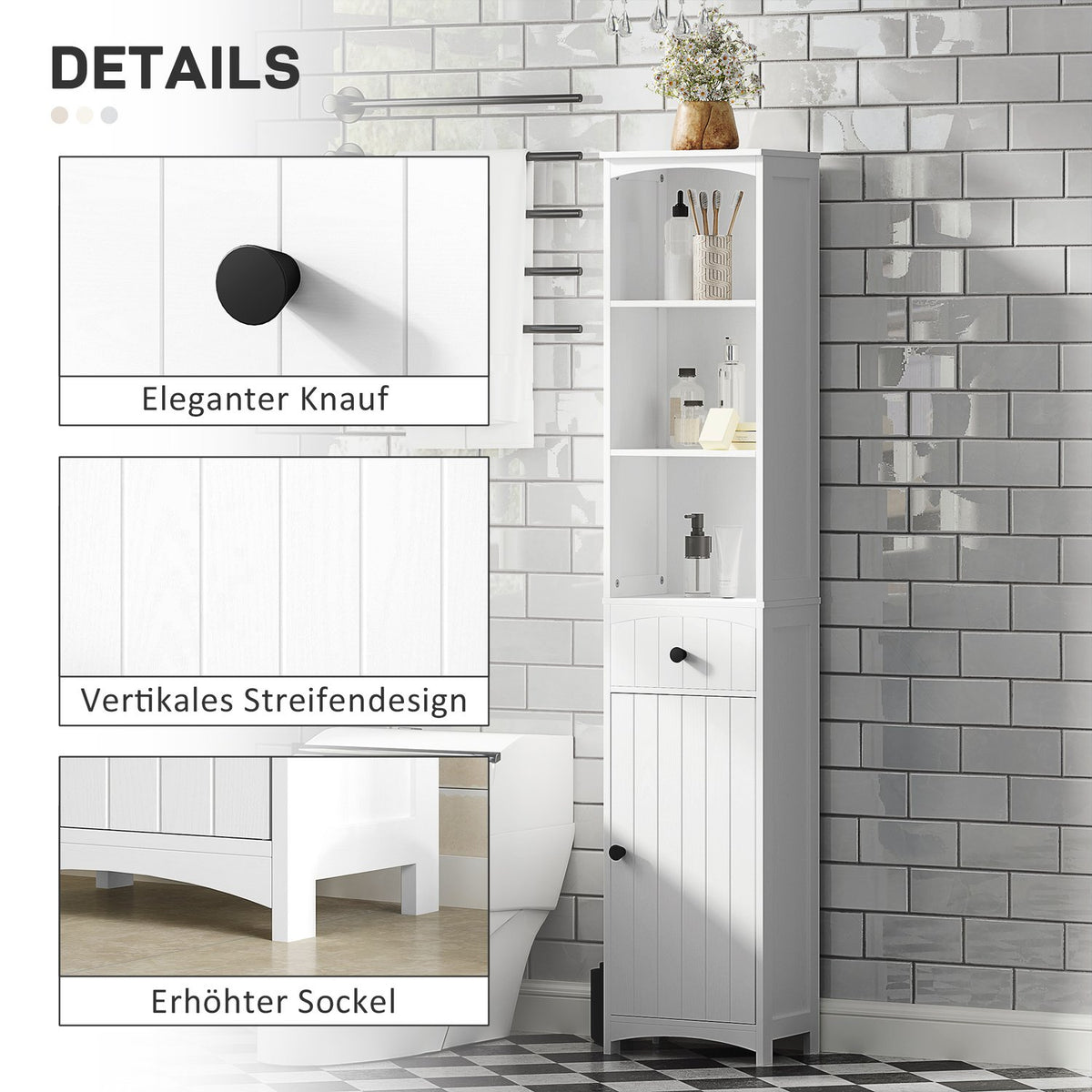 Bathroom cabinet, tall cabinet with 3 shelves, 1 drawer, bathroom cabinet, bathroom shelf, bathroom cabinet, bathroom furniture, white, 34x24x170.5cm