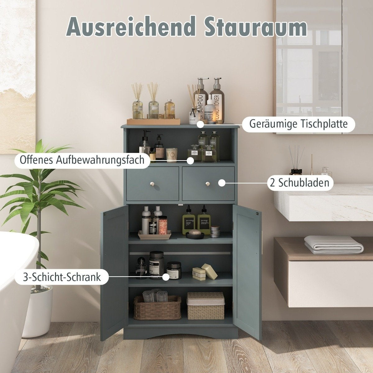 Bathroom cabinet with 2 drawers & 2 doors & adjustable shelf side cabinet gray