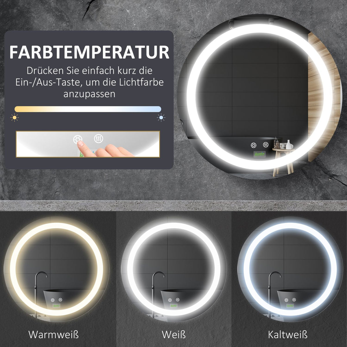 Bathroom mirror, Ø50 cm IP44, bathroom mirror with LED lighting, touch function, memory function, anti-fog