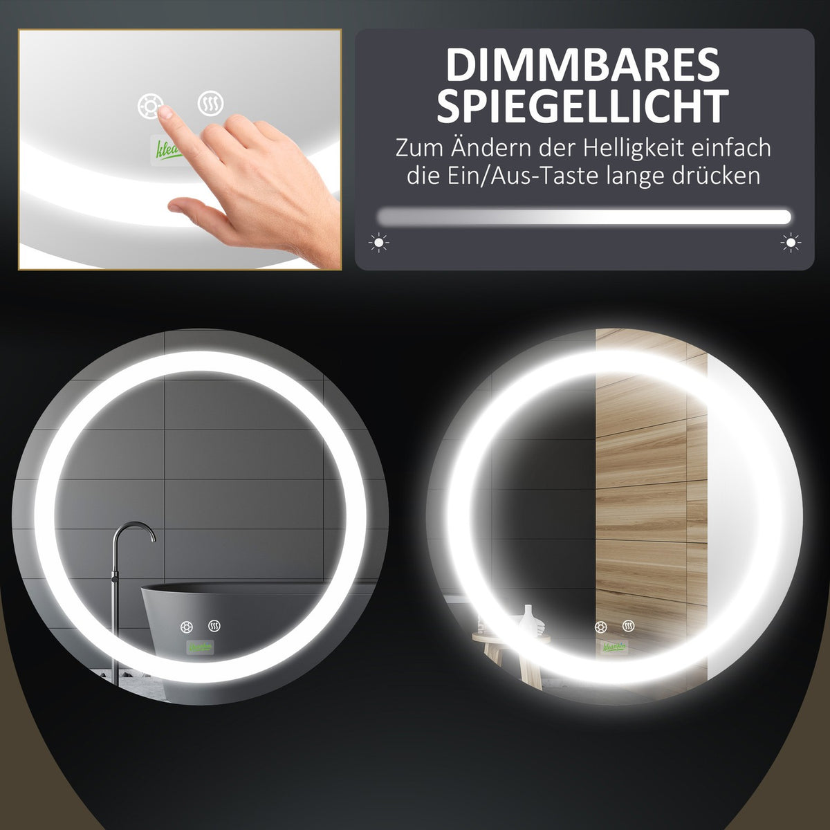 Bathroom mirror, Ø50 cm IP44, bathroom mirror with LED lighting, touch function, memory function, anti-fog