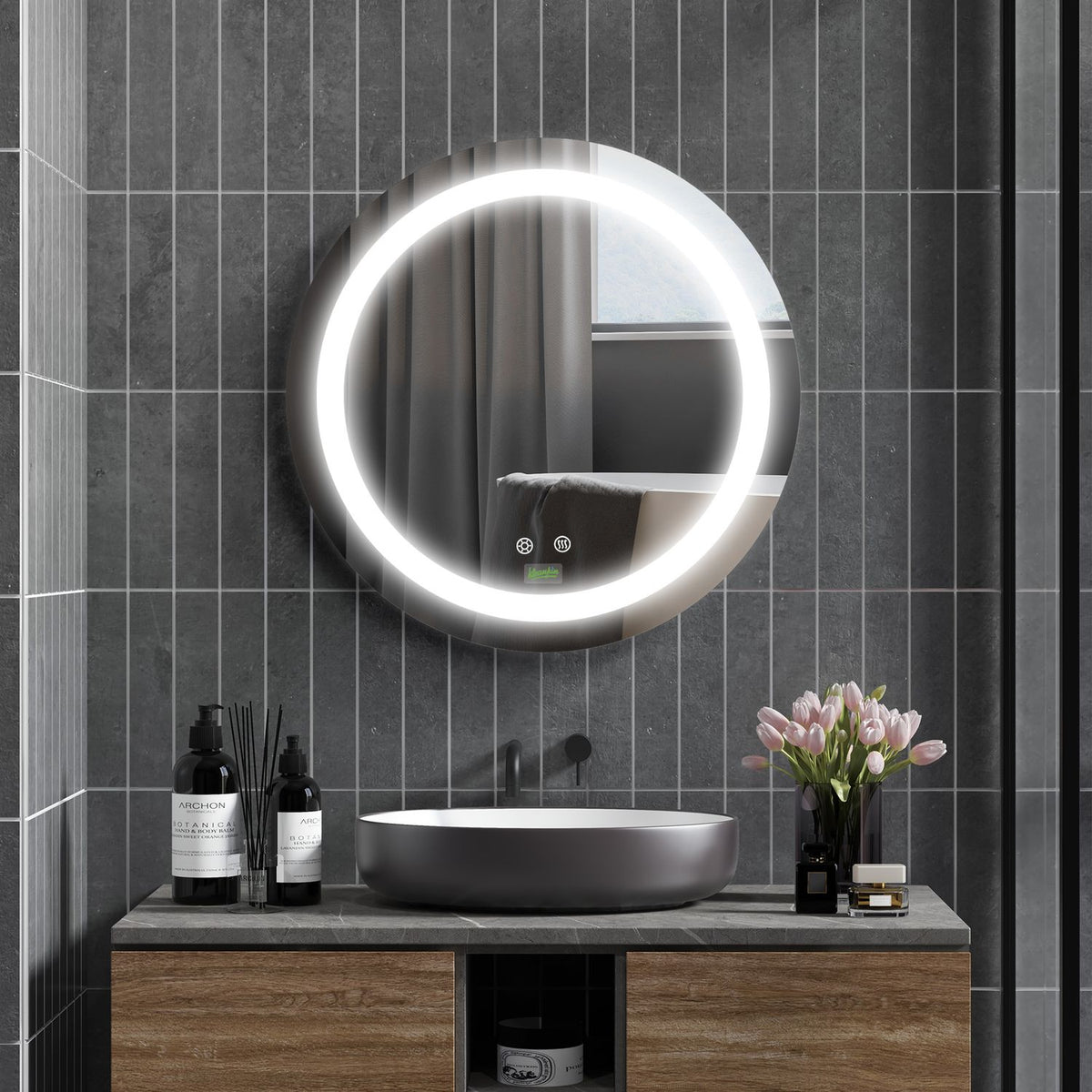 Bathroom mirror, Ø50 cm IP44, bathroom mirror with LED lighting, touch function, memory function, anti-fog