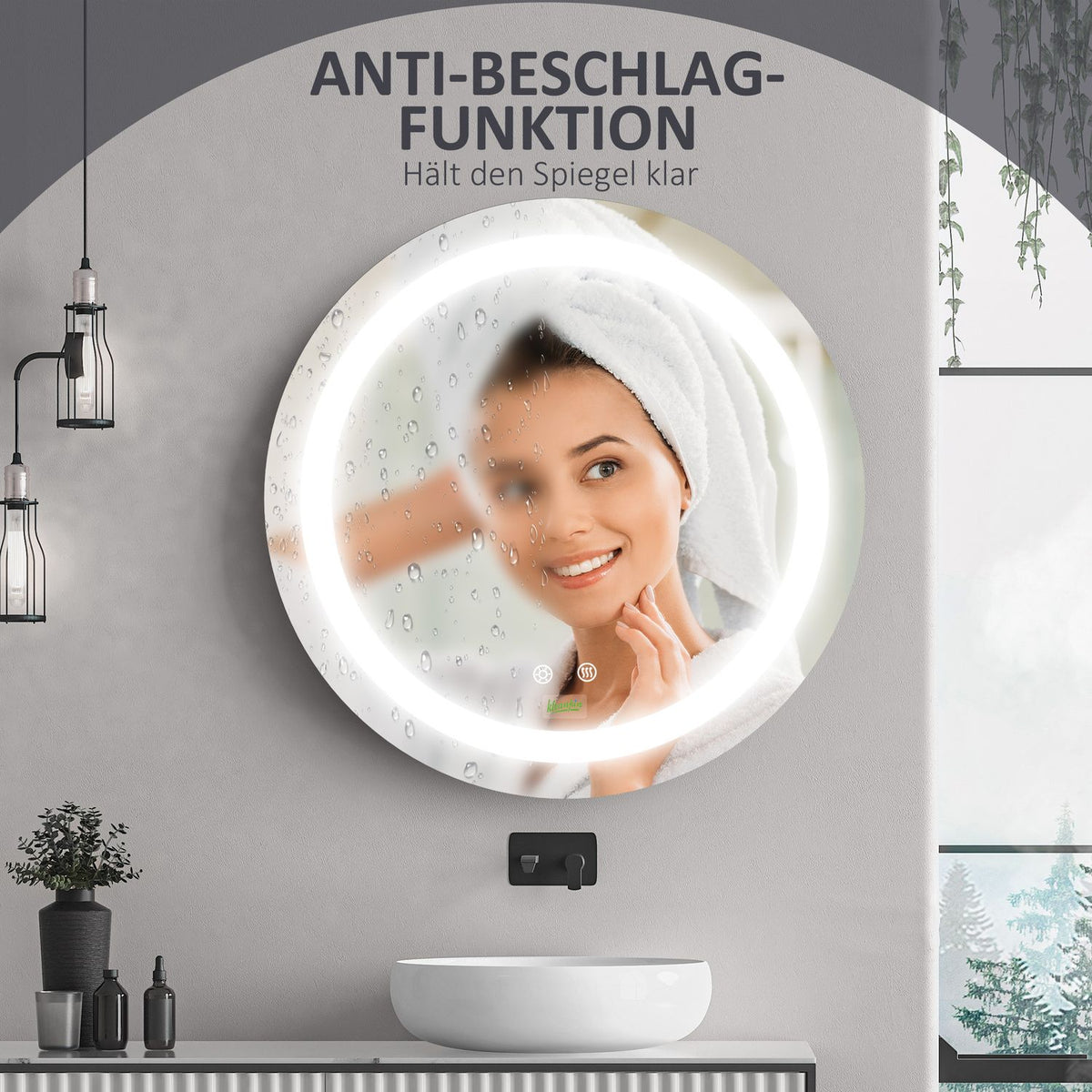 Bathroom mirror, Ø50 cm IP44, bathroom mirror with LED lighting, touch function, memory function, anti-fog
