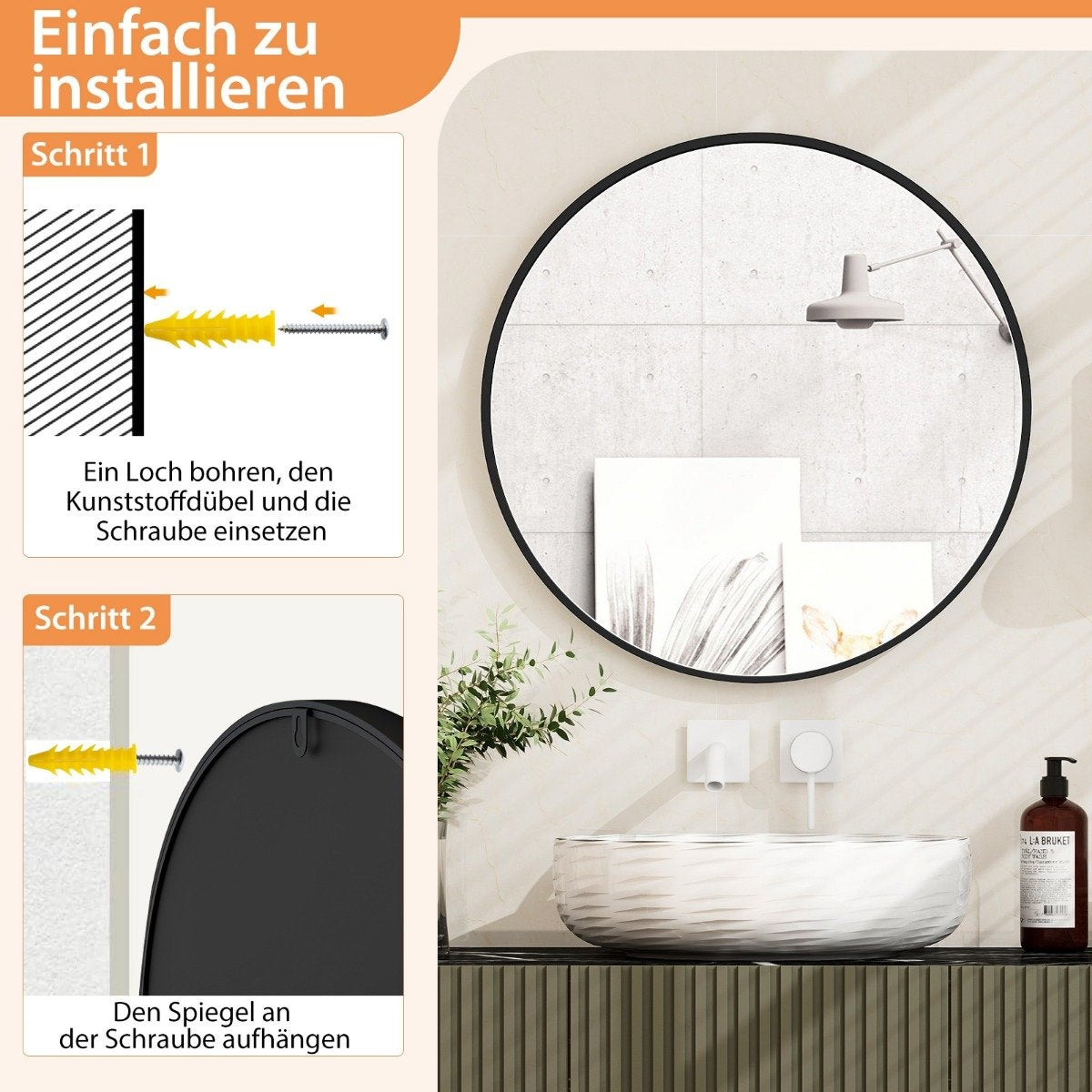 Bathroom mirror hanging mirror explosion-proof wall mirror bathroom mirror for bathroom round 61 x 61 x 2.5 cm