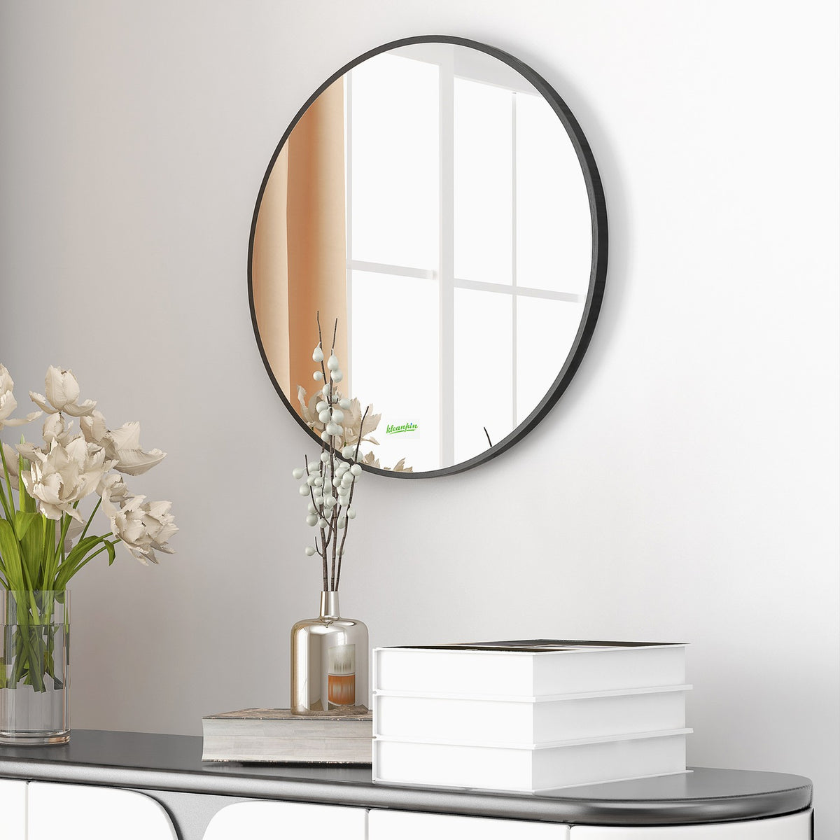 Bathroom mirror, round mirror, bathroom mirror with aluminum frame, Ø50 cm wall mirror for living room, bedroom, bathroom, IP44, black