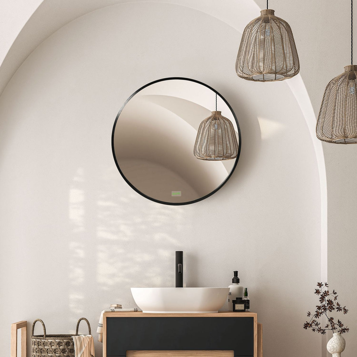 Bathroom mirror, round mirror, bathroom mirror with aluminum frame, Ø50 cm wall mirror for living room, bedroom, bathroom, IP44, black