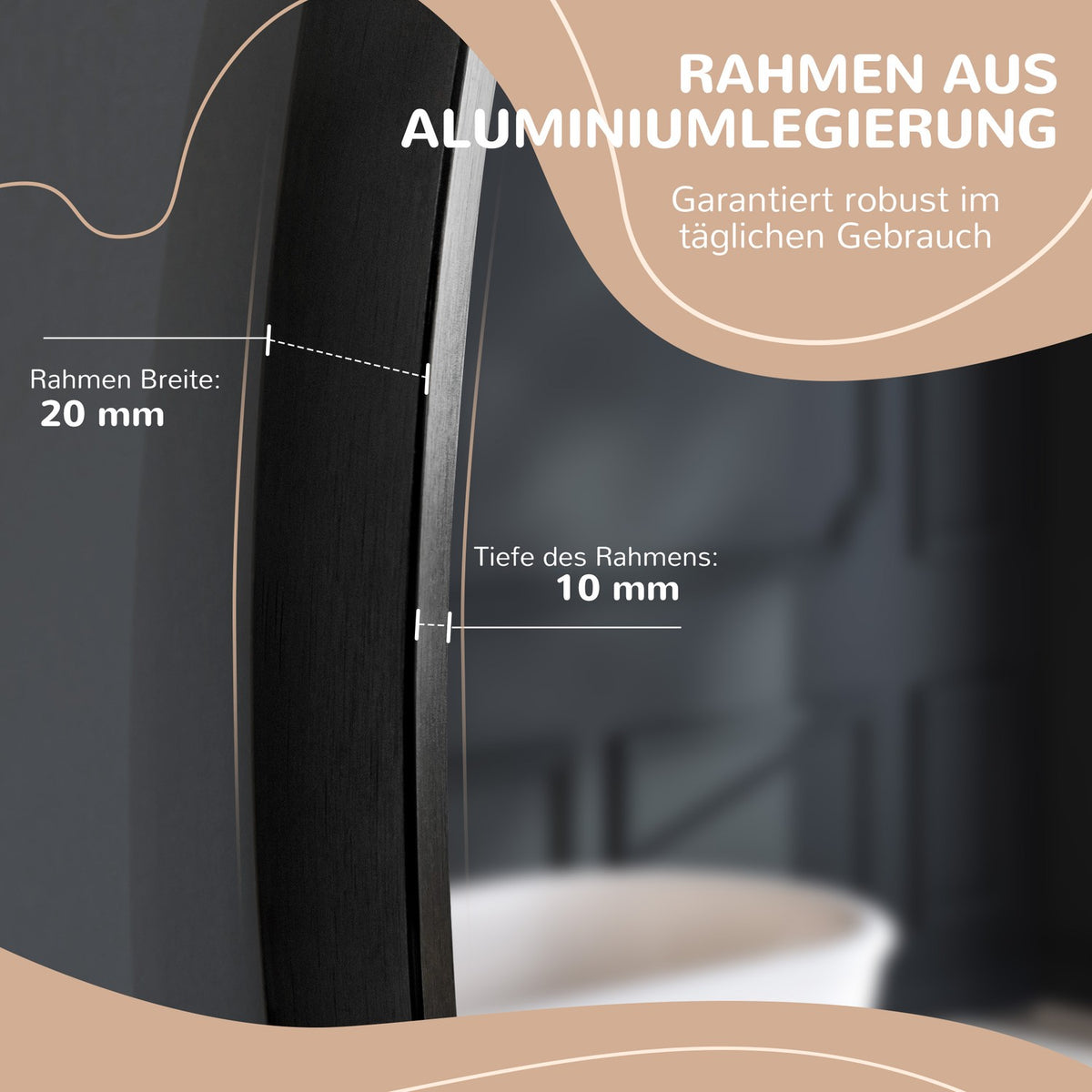 Bathroom mirror, round mirror, bathroom mirror with aluminum frame, Ø50 cm wall mirror for living room, bedroom, bathroom, IP44, black