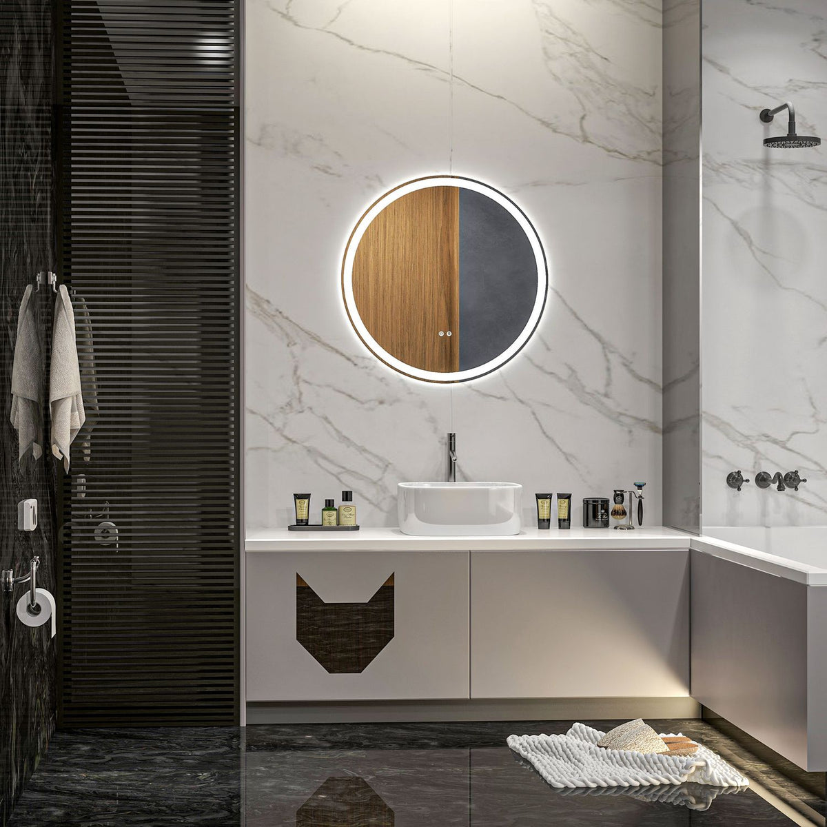 Bathroom mirror with LED lighting, Ø 60 cm Illuminated mirror with touch function, memory function, anti-fog with aluminum frame