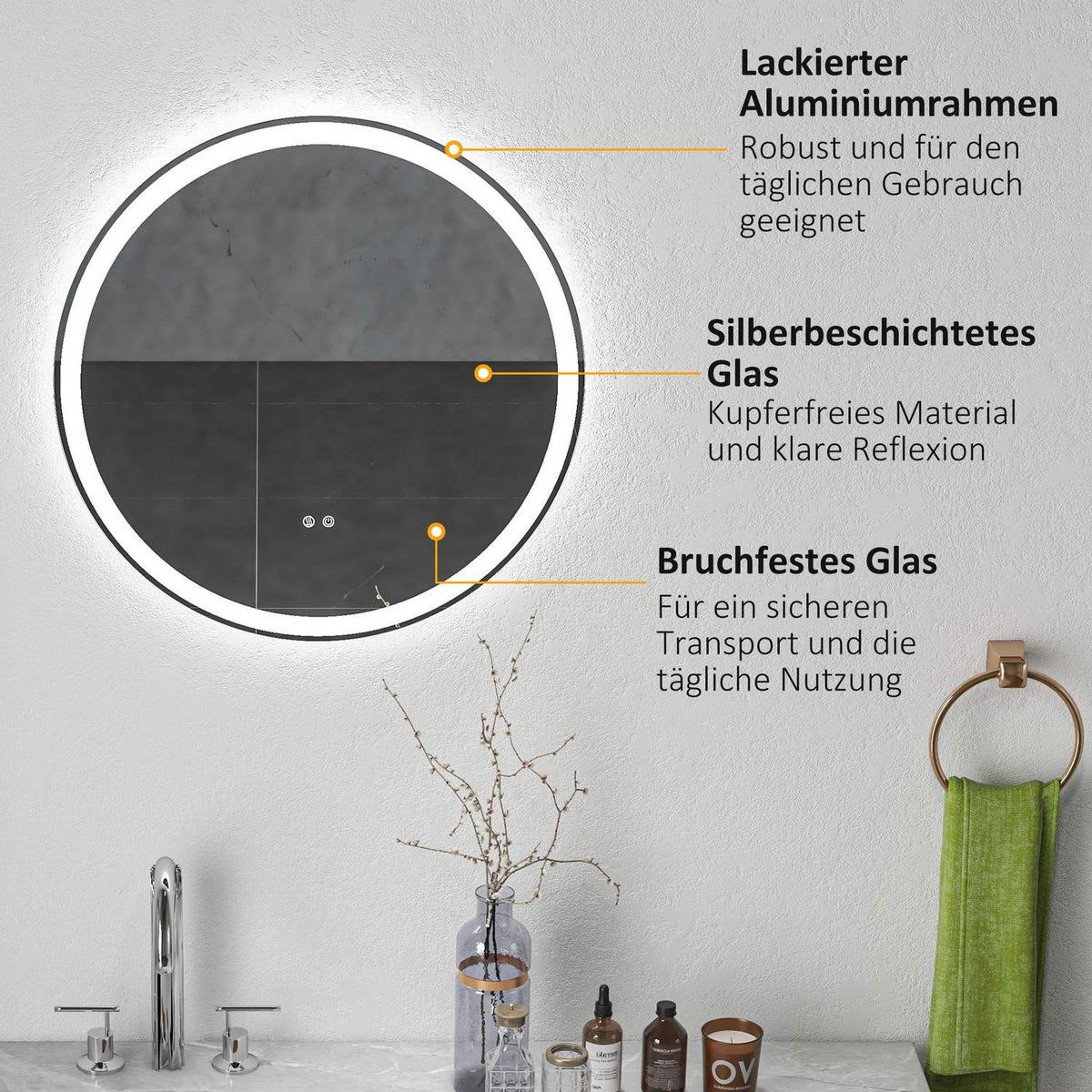 Bathroom mirror with LED lighting, Ø 60 cm Illuminated mirror with touch function, memory function, anti-fog with aluminum frame