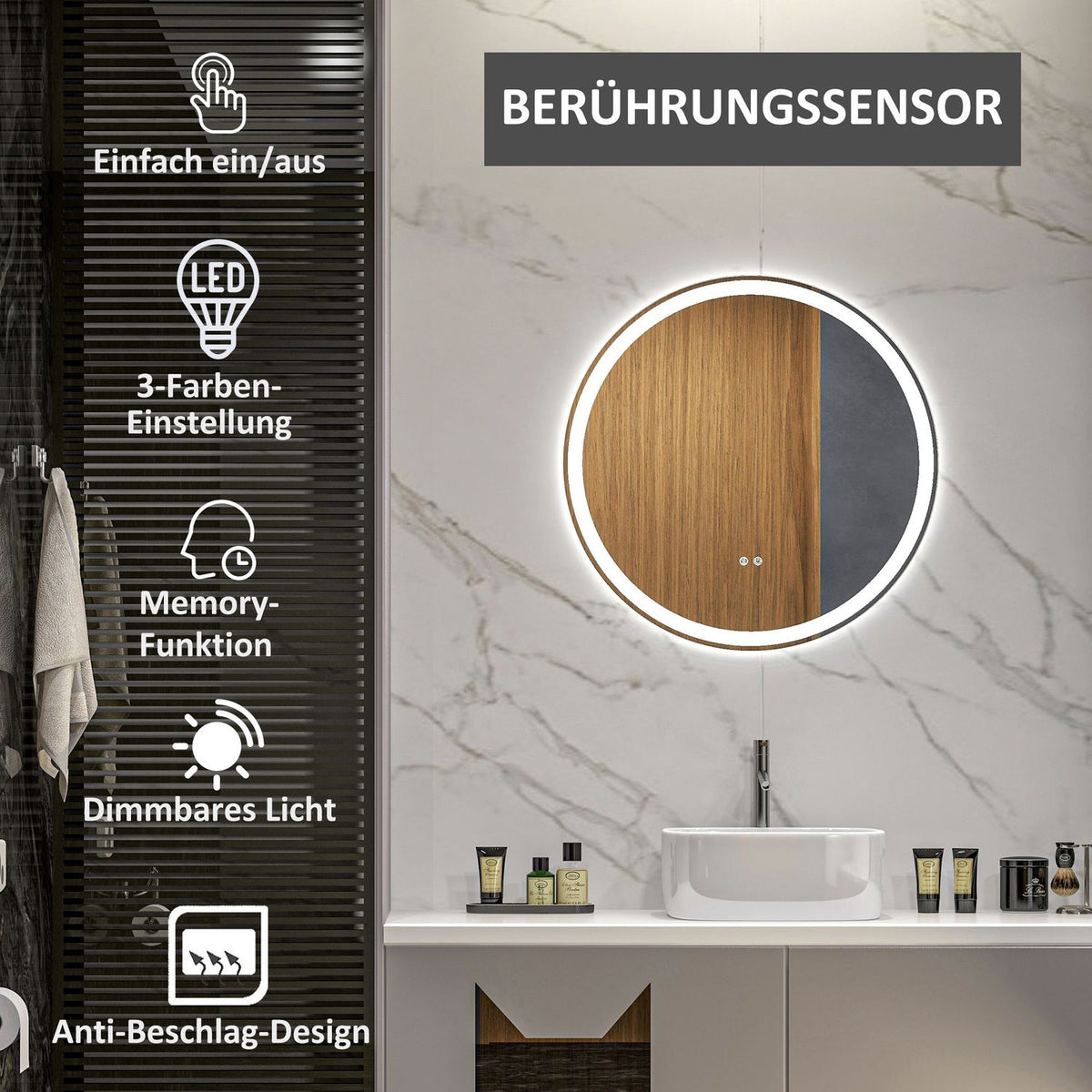 Bathroom mirror with LED lighting, Ø 60 cm Illuminated mirror with touch function, memory function, anti-fog with aluminum frame