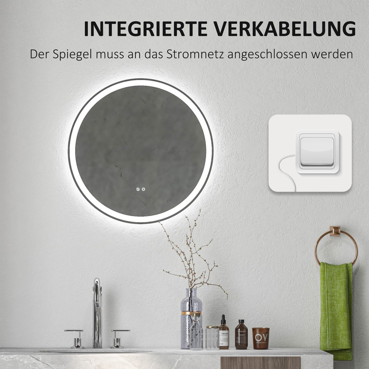 Bathroom mirror with LED lighting, Ø 60 cm Illuminated mirror with touch function, memory function, anti-fog with aluminum frame