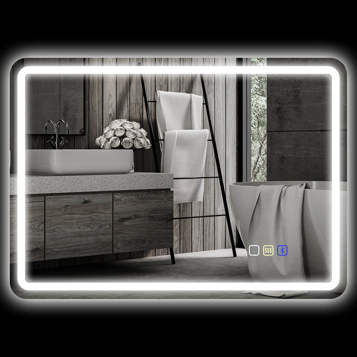 Bathroom mirror with LED lighting, anti-fog pad, 3 adjustable colors, 700 x 900 mm, silver