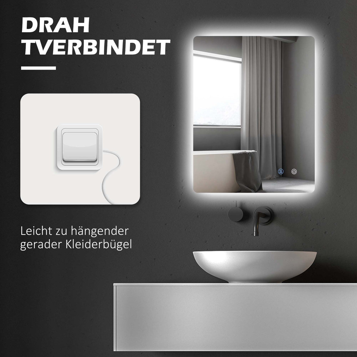 Bathroom mirror with lighting 70 x 50 cm, IP44 wall mirror with 3 light colors, touch switch & anti-fog, with memory function