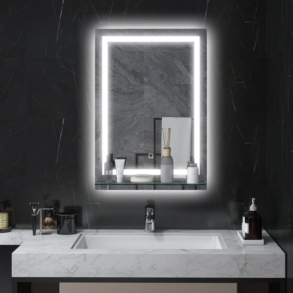 Bathroom mirror with lighting, wall mirror with 3 light colors, IP44 light mirror with touch switch, memory function, bathroom mirror made of aluminum, 50 x 70 cm