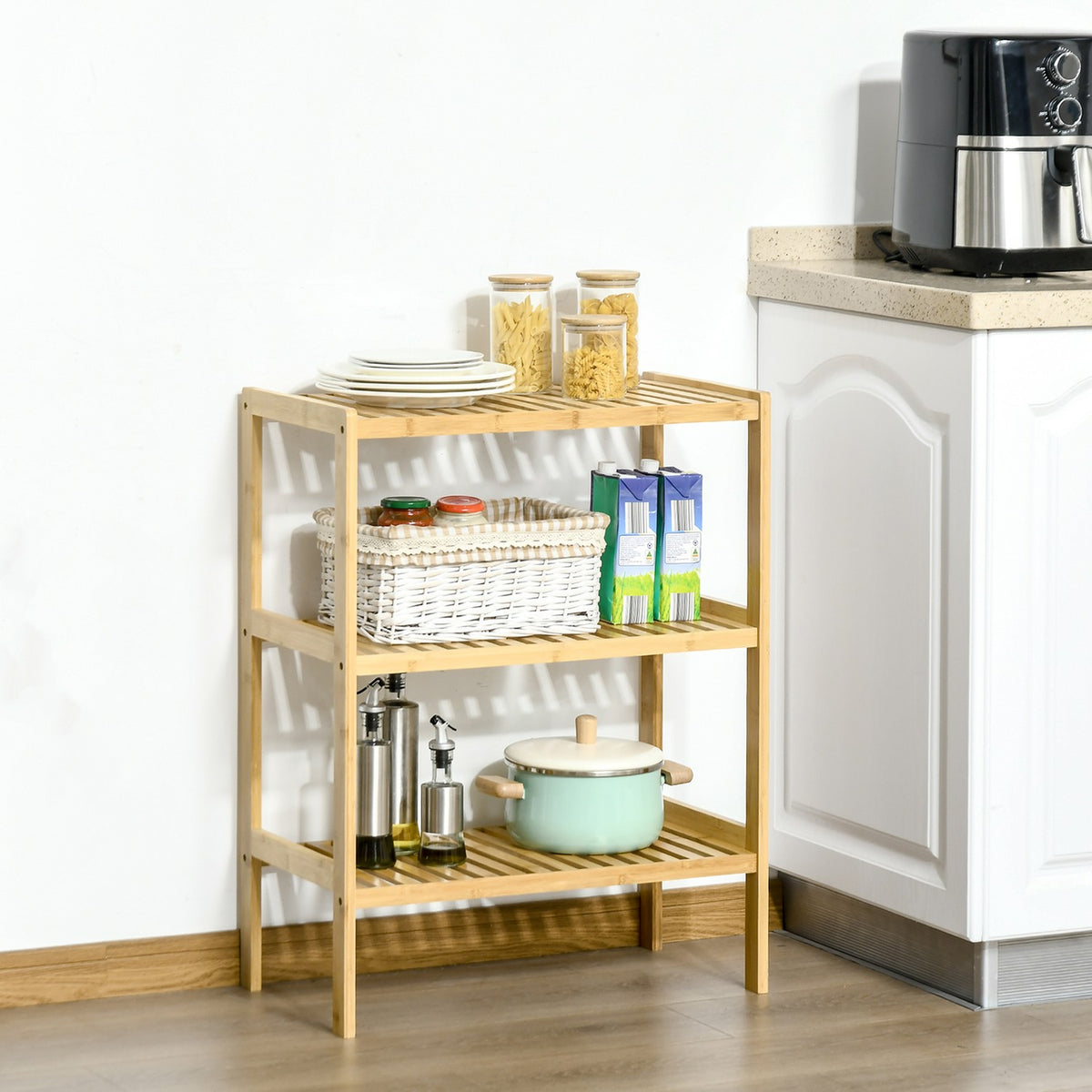 Bathroom shelf, standing shelf with 3 levels, bamboo shelf, kitchen shelf, for bathroom, kitchen, living room, hallway, natural, 62 x 33 x 80 cm
