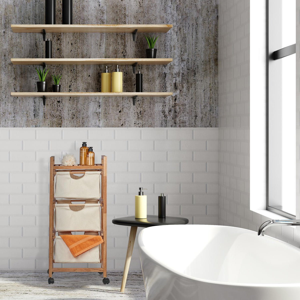 Bathroom shelf with 3 laundry baskets beige