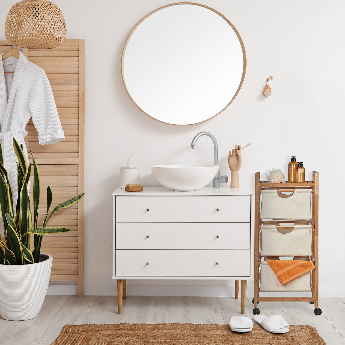 Bathroom shelf with 3 laundry baskets beige